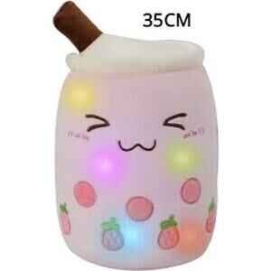 Strawberry Boba Tea Kawaii face squish toy pillow Light up Soft plush 14x8.5 in